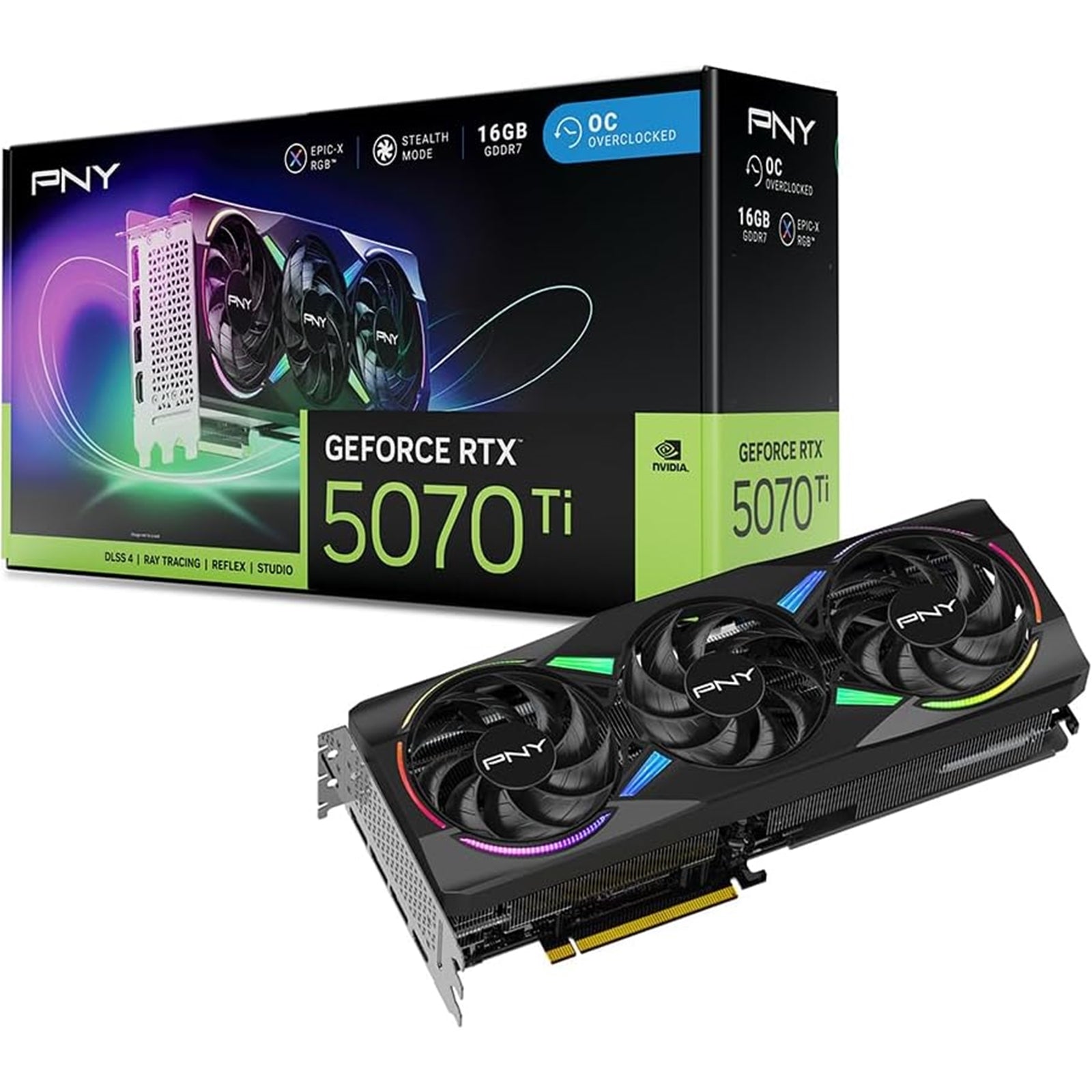 PNY NVIDIA GEFORCE RTX 5070Ti  ARGB Epic-X RGB OC16GB, GDDR7 Graphics Card, 8960 Cuda Cores, 2295 MHz Core Clock, Triple Fan, 3 x Display Ports/ 1 x HDMI Port
